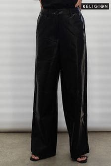 Religion Black Wide Leg Faux Leather Look Luster Trousers (C67625) | SGD 159