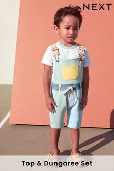 Pastel Blue/Green Colourblock Dungarees And Short Sleeve T-Shirt Set (3mths-7yrs) (C67876) | TRY 391 - TRY 483
