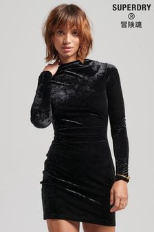 Czarna aksamitna sukienka mini Superdry z długim rękawem (C68137) | 143 zł