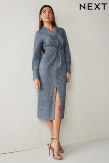 Blue Chambray Linen Blend Twist Front Collared Midi Dress (C68553) | €21