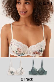 White Floral Print/Sage Green Non Pad Full Cup Bras 2 Pack (C69091) | kr470