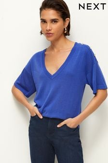 Bright Blue V-Neck Gem Button Linen T-Shirt (C69583) | 90 zł