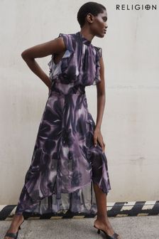Religion Purple High Low Eclipse Maxi Dress with Ruffle Sleeve (C69594) | kr2 200