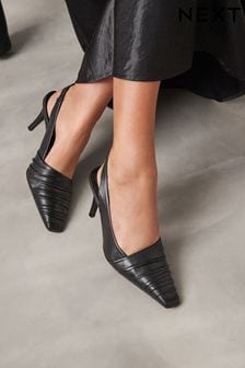 Black Signature Leather Ruched Slingback Heels (C69704) | NT$2,530