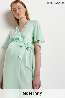 River Island Maternity Light Green Flutter Short Sleeve Satin Wrap Midi Dress (C69869) | €27