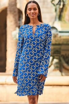 Sosandar Blue Chain Print Gold Bar Tab Fluted Cuff Tunic (C70157) | $129