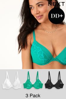 Black/Green/White Non Pad Plunge DD+ Non Pad Plunge Lace & Mesh Bras 3 Pack (C70277) | LEI 266