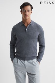Reiss Mid Grey Melange Holmes Buttoned Ribbed Polo Top (C70399) | 903 SAR