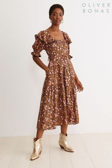 Oliver Bonas Paisley Brown Floral Print Stripe Midi Dress (C70536) | €48