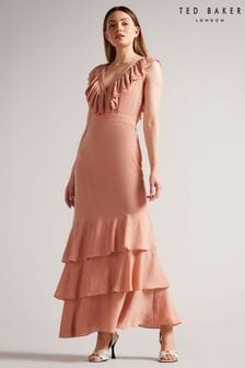 Ted Baker Dusky Pink Ashleih Crinkle Crepé Maxi Dress With Ruffle (C70967) | AED1,528