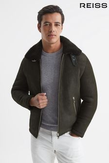 Reiss Forest Green Kyelder Suede Western Shearling Jacket (C71350) | SGD 2,337