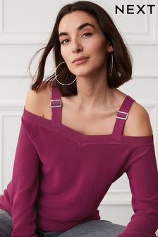 Raspberry Pink Buckle Strap Detail Cold Shoulder Knit Top (C71509) | €19