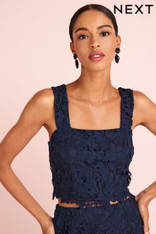 Navy Blue Sleeveless Co Ord Lace Detail Tie Back Top (C71548) | €16