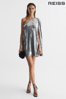 Reiss Silver Eva Sequin Cape One Shoulder Mini Dress (C71588) | SGD 628