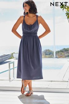 Marineblau - Strappy Cami Tie Crinkle Texture Midi Dress (C71759) | 48 €