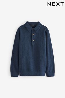 Navy Blue Long Sleeve Knitted Textured Polo Shirt (3-16yrs) (C71840) | €7 - €9