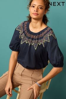 Navy Blue Short Puff Sleeves Embroidered Smock Top (C71856) | €19