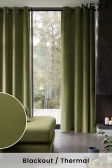 Green Olive Matte Velvet Blackout/Thermal Eyelet Curtains (C71865) | $80 - $217