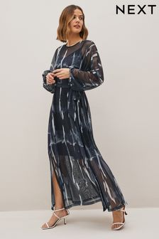 Abstraktes Muster, Schwarz - Long Sleeve Tie Mesh Maxi Dress (C71867) | 69 €