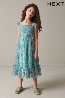 Teal Blue/Mint Green Floral Print - Mesh Strappy Midi Dress (3-16 lat) (C71882) | 119 zł - 144 zł