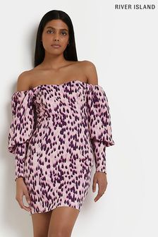 River Island Bright Purple Brielle Puff Sleeve Bardot Dress (C72498) | 74 €