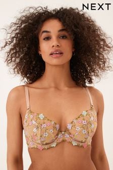 Ditsy Floral Non Pad Plunge Embroidered Bra (C72710) | €14