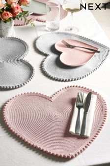 Set of 4 Pink/Grey Heart Shaped Pom Placemats