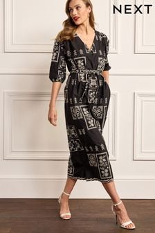 Black/White Premium Embroidered Belted Midi Dress (C73161) | 44 €