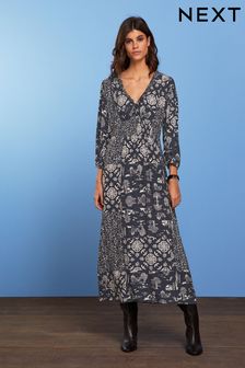 Marszczona sukienka midi z dekoltem w szpic i rękawami 3/4 (C73588) | 100 zł