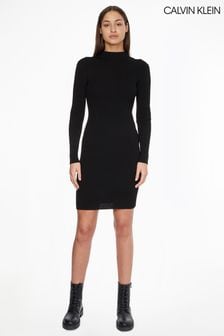 črna rebrasta obleka z navideznim ovratnikom Calvin Klein Iconic (C73623) | €114