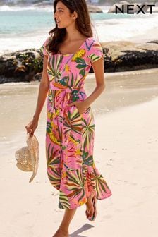 Pink Tropical Linen Mix Button Through Midi Dress (C73696) | €54