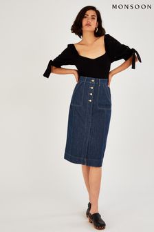Monsoon Blue Denim Button Plain Skirt in Organic Cotton (C73837) | 74 €