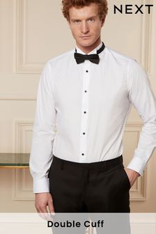 White Slim Fit Double Cuff Dress Shirt and Bow Tie Set (C73936) | $50