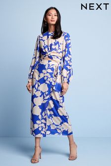 Blue Floral Satin Wrap Midi Skirt (C74124) | $55