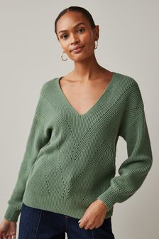 Khakigrün - Next Gerippter Pullover mit V-Ausschnitt (C74557) | 38 €