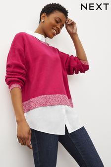Bright Pink Tipped - Button Shoulder Collared Shirt Layer Jumper (C74681) | 51 €