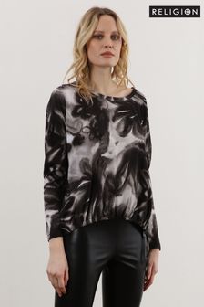 Religion Black Long Sleeve Sustainable Jersey Top In Abstract Floral (C75171) | €32