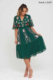 Frock and Frill Green Floral Embroidered Dress (C75275) | €95