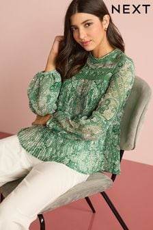 Green Paisley Print Pleat Front Long Sleeve Round Neck Blouse (C75449) | 20 €