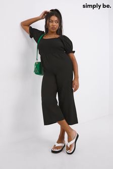 Simply Be Black Linen Shirred Cullotte Jumpsuit (C75601) | ₪ 163