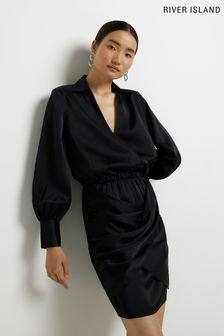 River Island Wrap Satin Black Shirt Dress (C75620) | 148 zł