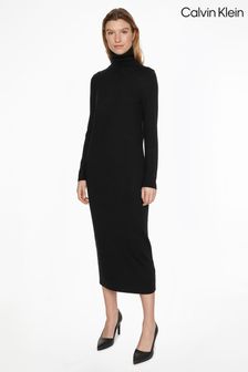 فستان صوف أسود برقبة مطوية من Calvin Klein (C75773) | 88 ر.ع