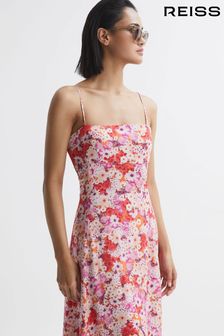 Reiss Pink Print Bonnie Petite Floral Print Fitted Midi Dress (C75875) | OMR126