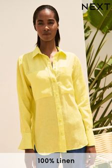 Bright Yellow 100% Linen Long Sleeve Curved Hem Shirt (C75925) | €18