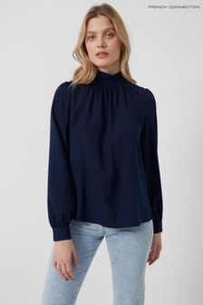 French Connection Blue Arina Solid Button Neck Top (C76302) | 65 €