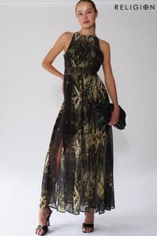 Religion Black Halterneck Maxi Dress In Beautiful Golden and Black Print (C76361) | $231