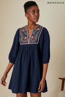 Monsoon Blue Double Faced Embellished Smock Dress In Sustainable Cotton (C76834) | €53