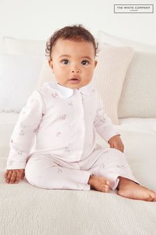 The White Company Pink Organic Cotton Hattie Floral Scallop Collared Sleepsuit