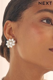 White Pearl Flower Maxi Stud Earrings (C77044) | $15