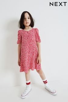 Red Ditsy Ruched Sleeve Tea Dress (3-16yrs) (C77106) | $24 - $33